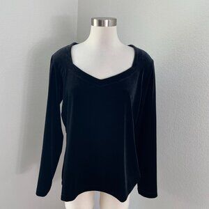 Chicos Womens Large Black Velvet Long Sleeve V Neck Top Stretch Shirt
